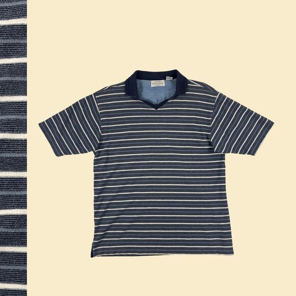 90s M polo striped shirt, vintage blue/grey short sleeve henley/polo Denim Ridge - Picture 1 of 10